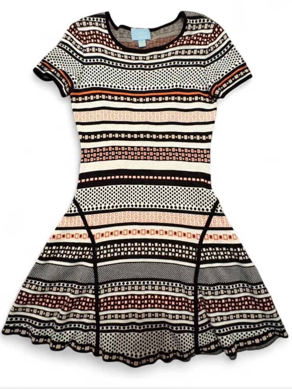Cece by Cynthia Steffe Striped Geo Fit-and-Flare Knit Dress - Sz m